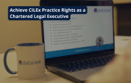 Laptop and mug displaying Datalaw legal training resources promoting how to achieve CILEx Practice Rights as a Chartered Legal Executive.