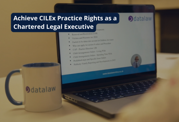 Laptop and mug displaying Datalaw legal training resources promoting how to achieve CILEx Practice Rights as a Chartered Legal Executive.